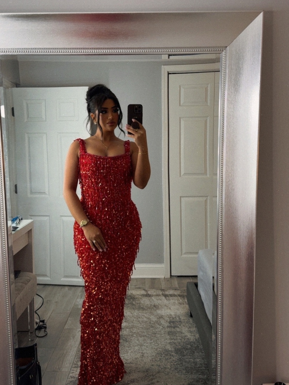 Albina Dyla Red Sequin Maxi Dress with Square Neckline